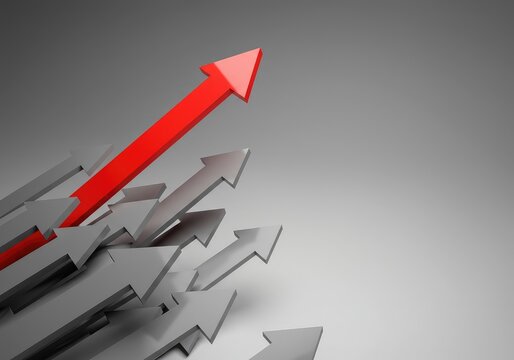 A vibrant, large red arrow soaring above many smaller, gray arrows, symbolizing market dominance, preference, and the ultimate best choice among competitors ,highlight ,best ,bestseller