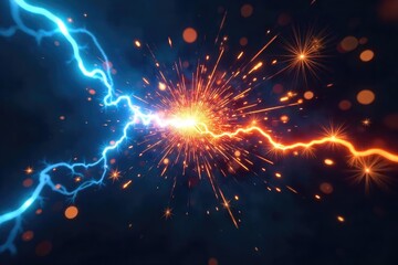 Close-up of sparking electrical wires, energy surging, vibrant blue and orange hues, chaotic and intense, high voltage electricity, powerful energy discharge , breakdown, intense