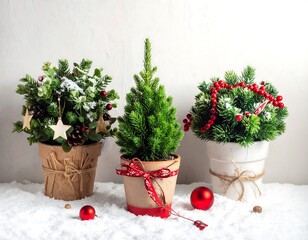 Three small potted evergreen plants, each with festive decorations and set against a snowy white backdrop