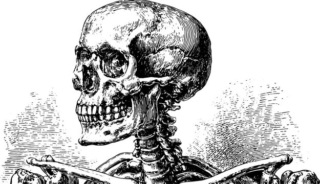 Skeleton illustration in vintage engraving style. Detailed black line drawing set for educational use, featuring vector elements.