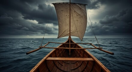 Ancient Wooden Sailboat Navigating Stormy Seas