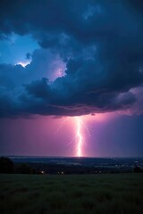 Obraz premium Dramatic dark clouds overhead, intense lightning illuminating the landscape, powerful rumbling thunder A breathtaking display of nature's raw power , nature, dramatic, cumulonimbus