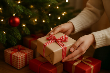 Hands placing Christmas gifts under the tree