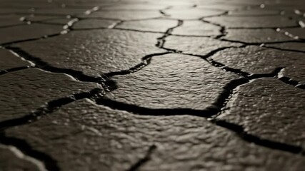 Close up of cracked dry earth texture with dramatic light and shadow creating a sense of desolation and drought in a barren landscape - Powered by Adobe