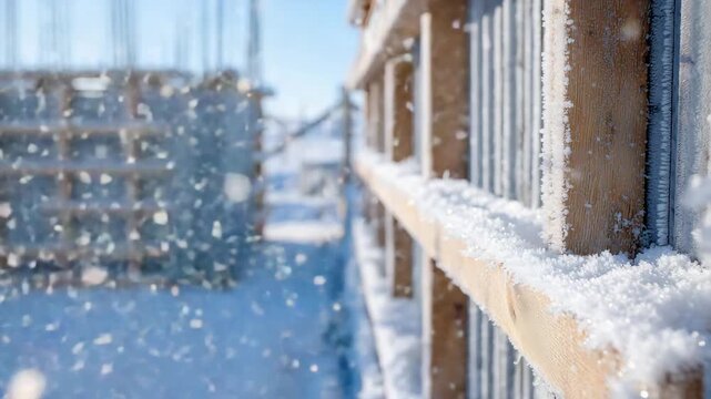 Snow-covered wooden formwork for concrete, close-up showing frost and wooden texture