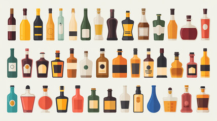 A flat, minimalist illustration of 40 different liquor bottles arranged in three rows against a white background.