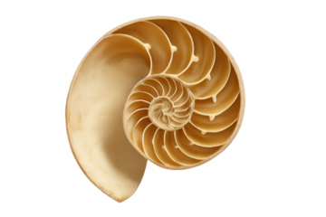 Nautilus shell cross-section displaying perfect spiral form, natural geometry, and ordered chambers with a transparent background