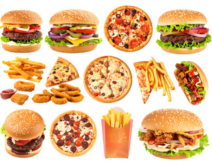 Assorted fast food items including burgers, pizzas, fries, and chicken nuggets displayed together on a transparent background