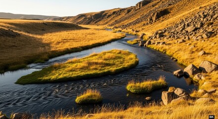 Serene river valley with golden autumn grass. Winding stream flowing through a rocky canyon landscape. Natural environment for travel and tourism conceptsglow