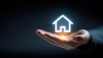 Hand Holding a Glowing House Icon on Dark Background Representing Homeownership and Real Estate Concept with Modern Technology Influence