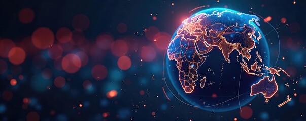 Global network connections visualized with glowing fiber optic cables and a spinning globe, representing the flow of international data across continents , big data, technology background