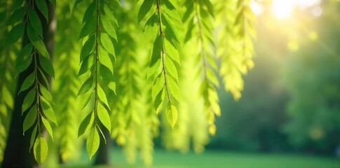 Graceful willow branches draped with delicate, new springtime leaves, sunlight filtering through the foliage A vibrant scene of renewal and growth , flora, April