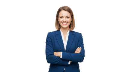 Confident Professional Woman in Dark Blue Blazer - Business Executive Portrait with Arms Crossed - Perfect Stock Image for Corporate, Leadership, Professional Services, and Business Solutions Marketin