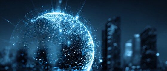 Digital globe with data network connections above futuristic city