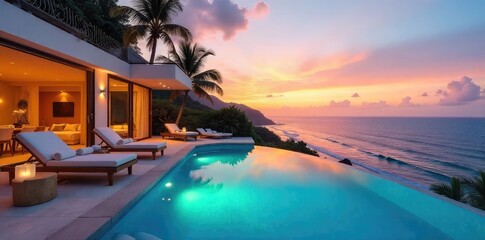 Obraz premium Luxurious villa with private pool and stunning ocean views, perfect for a relaxing getaway Enjoy breathtaking sunsets and ultimate privacy , ocean, design, pool