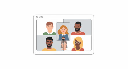 Diverse team connecting on a video call, fostering collaboration and communication for remote business success in a modern, vibrant digital workspace