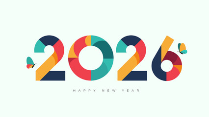 Colorful Happy New Year 2026 banner; a modern and playful flat design with butterflies symbolizing transformation and new beginnings for 2026