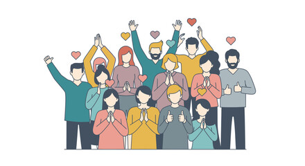 Diverse people group celebrating, showing appreciation and support with hearts, conveying unity, gratitude, and success, originally a vector graphic