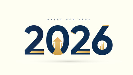 Corporate Happy New Year 2026 banner for business and tech; a modern design with gold icons symbolizing growth, data, strategy, and innovation for 2026