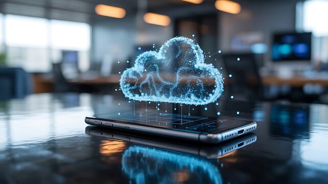 Smartphone displaying a glowing 3D cloud data icon in an office setting mobile computing