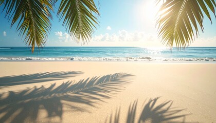 青空の下に広がる静かなトロピカルビーチとヤシの葉の影
