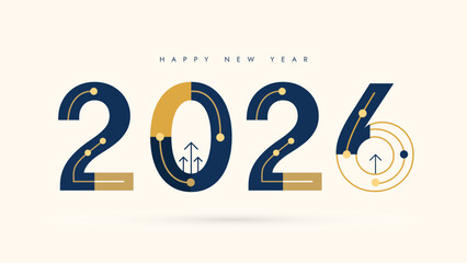 Corporate Happy New Year 2026 banner for business and tech; a modern, futuristic design with gold icons symbolizing growth, data, and future strategy for 2026