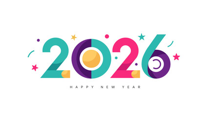 Colorful Happy New Year 2026 banner; a modern and playful typography design with vibrant colors, confetti, and geometric shapes for a New Year's Eve party
