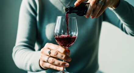 Female hands pouring red wine from a miniature bottle into a crystal glass. Sommelier serving a sample for a tasting. Upscale hospitality and fine dining concept. Luxury lifestyle moment