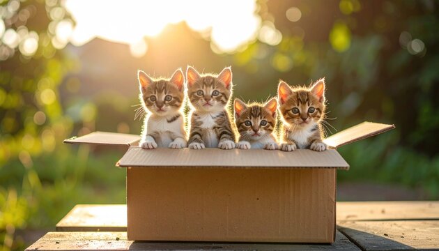 Four tiny kittens peering from cardboard box in warm sunlight
