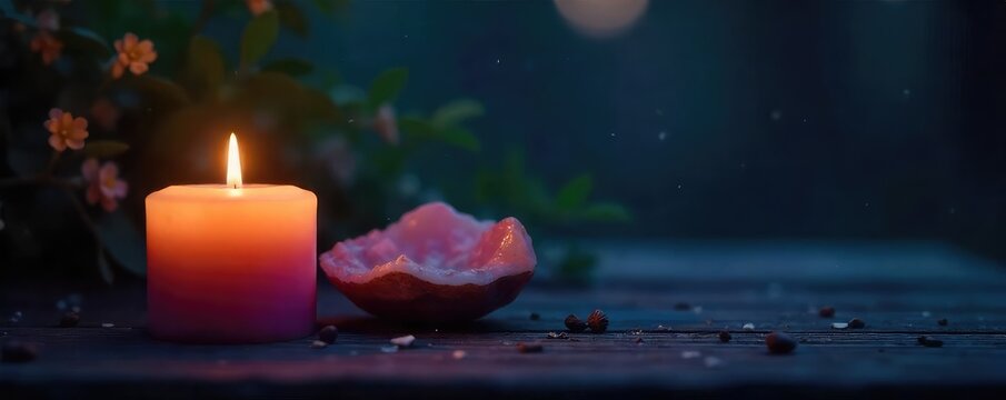 Serene candlelight illuminates crystals and spiritual objects during a calming nighttime meditation session Perfect for relaxation, mindfulness, and spiritual wellness themes , healing, self-care