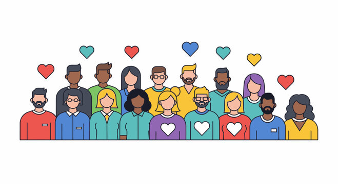 Diverse team celebrates community support and love with colorful hearts, a modern vector showcasing unity, diversity, and connection for social campaigns