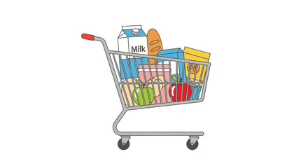 Grocery shopping trip with fresh produce, milk, and bread in shopping cart, perfect for supermarket promotions and healthy lifestyle campaigns