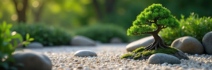 Serene zen garden with carefully raked gravel, smooth stones, and miniature bonsai tree creating a peaceful, meditative atmosphere Perfect for mindfulness, relaxation, and inner peace , refuge, focus