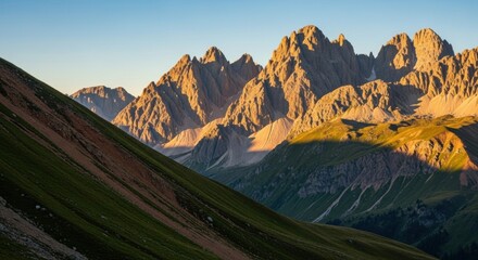 Dramatic alpine peaks illuminated by sunrise. Majestic mountain landscape with golden light. Outdoor adventure and travel destination. Corporate inspiration for reaching goals