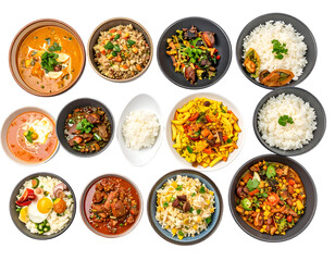 A diverse selection of colorful Indian dishes served in bowls with rice, vegetables, and flavorful sauces on a white surface