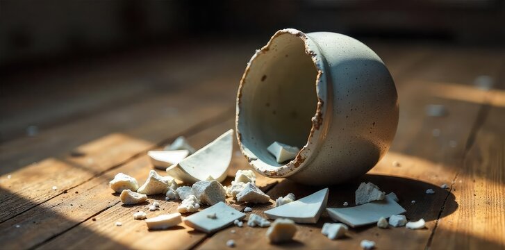 Shattered ceramic vase, pieces scattered on wooden floor A study in broken beauty, highlighting texture and light Ideal for themes of fragility, loss, or the impermanence of things , ceramic, art