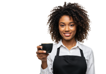 Young female barista, dark curly hair, black apron, presents matte espresso cup with crema against a high-key white studio background, maximizing clean copy space. Concept for professional coffee