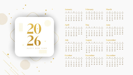Calendar 2026 template; a modern and minimalist 12-month full-year planner with a golden Happy New Year 2026 logo. Week starts Sunday.