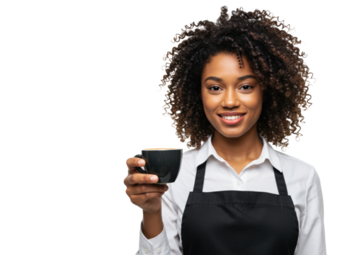 Young female barista, dark curly hair, black apron, presents matte espresso cup with crema against a high-key white studio background, maximizing clean copy space. Concept for professional coffee