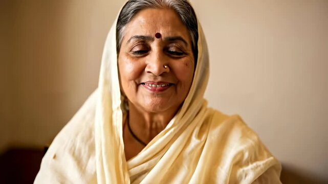 An elderly South Asian woman wearing traditional attire, with clasped hands in a gesture of respect or greeting. Her gold bangles and ornate attire signify cultural heritage and reverence.