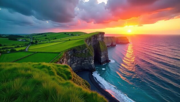 Stunning aerial shot of vibrant green fields meeting a dramatic, rocky coastline under a dramatic sunset sky Perfect for travel, nature, and environmental projects , landscape, sunset