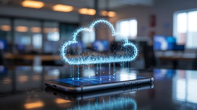 Smartphone displaying a glowing 3D cloud data icon in an office setting mobile computing