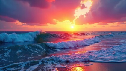 Sunrise paints the ocean waves with vibrant hues as the day awakens, a tranquil scene of gentle waves and peaceful dawn , light, calm
