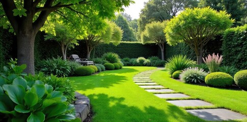 Tranquil backyard oasis featuring lush greenery, meticulously manicured lawn, and elegant stone pathway  Perfect for relaxation and outdoor entertaining ,  summer,  curb appeal,  relaxing
