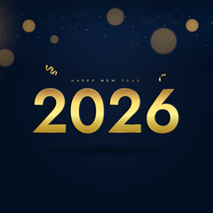 Happy New Year 2026 luxury banner; an elegant background with golden 3D numbers, bokeh, and confetti for a 2026 New Year's Eve celebration.
