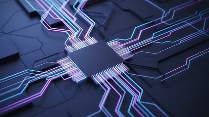 Abstract circuit board electronic technology computer microchip processor with connections lines and integrated engineering system design