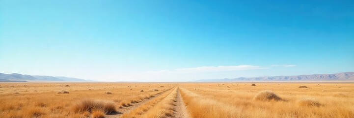 Vast, flat expanse of land stretching to the horizon under a clear blue sky Perfect for concepts of freedom, travel, and serenity Ideal for backgrounds or textures , tranquility, untouched, wild