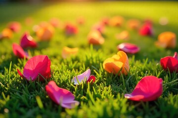 Vibrant flower petals scattered on lush green grass, bathed in warm sunlight Perfect for spring, nature, and floral themes Ideal for websites, blogs, or marketing materials , bright, flora, serenity