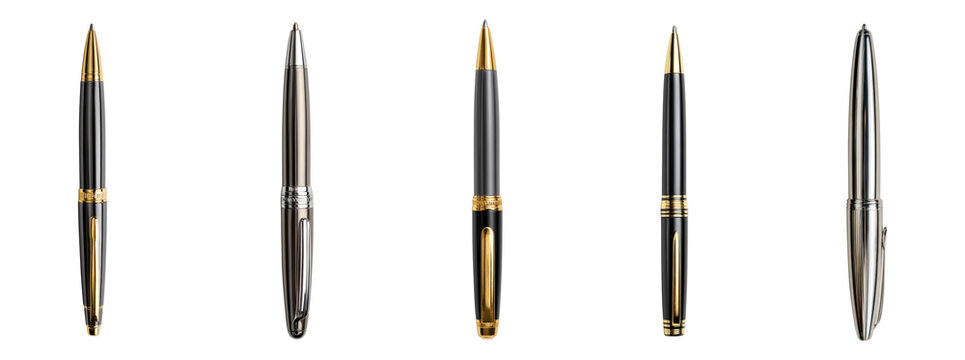Luxury ballpoint pens collection with gold and silver design isolated on transparent background