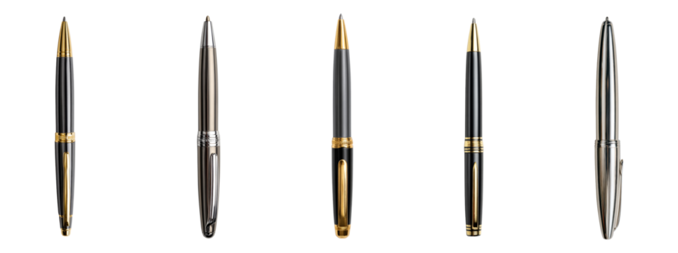 Luxury ballpoint pens collection with gold and silver design isolated on transparent background